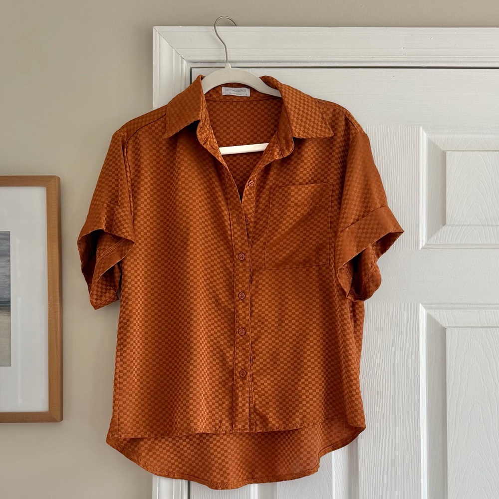 Burnt Orange Checkered Button Down Blouse Small